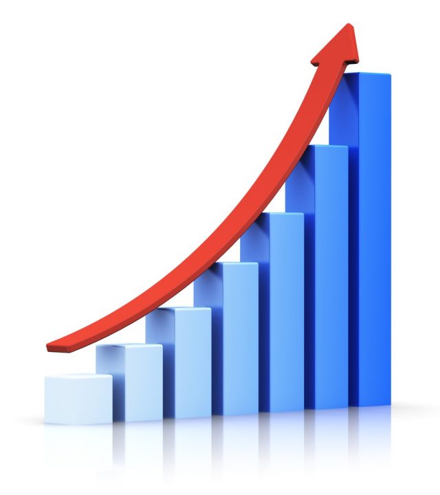 Growing bar chart with arrow Business success and financial growth and development concept: blue growing bar chart with red rising arrow isolated on white background with reflection effect